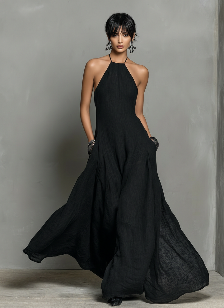 Vestido Maxi Minimalista de Lino con Cuello Halter