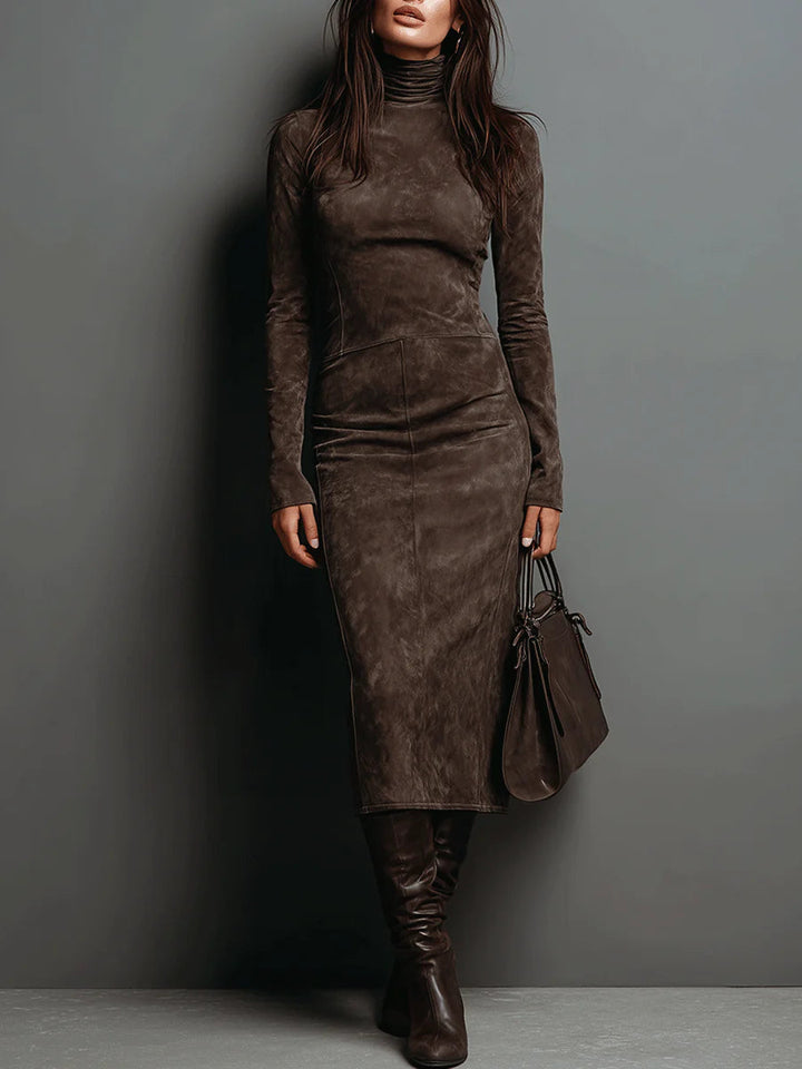 Vestido Midi de Ante con Cuello Alto y Manga Larga