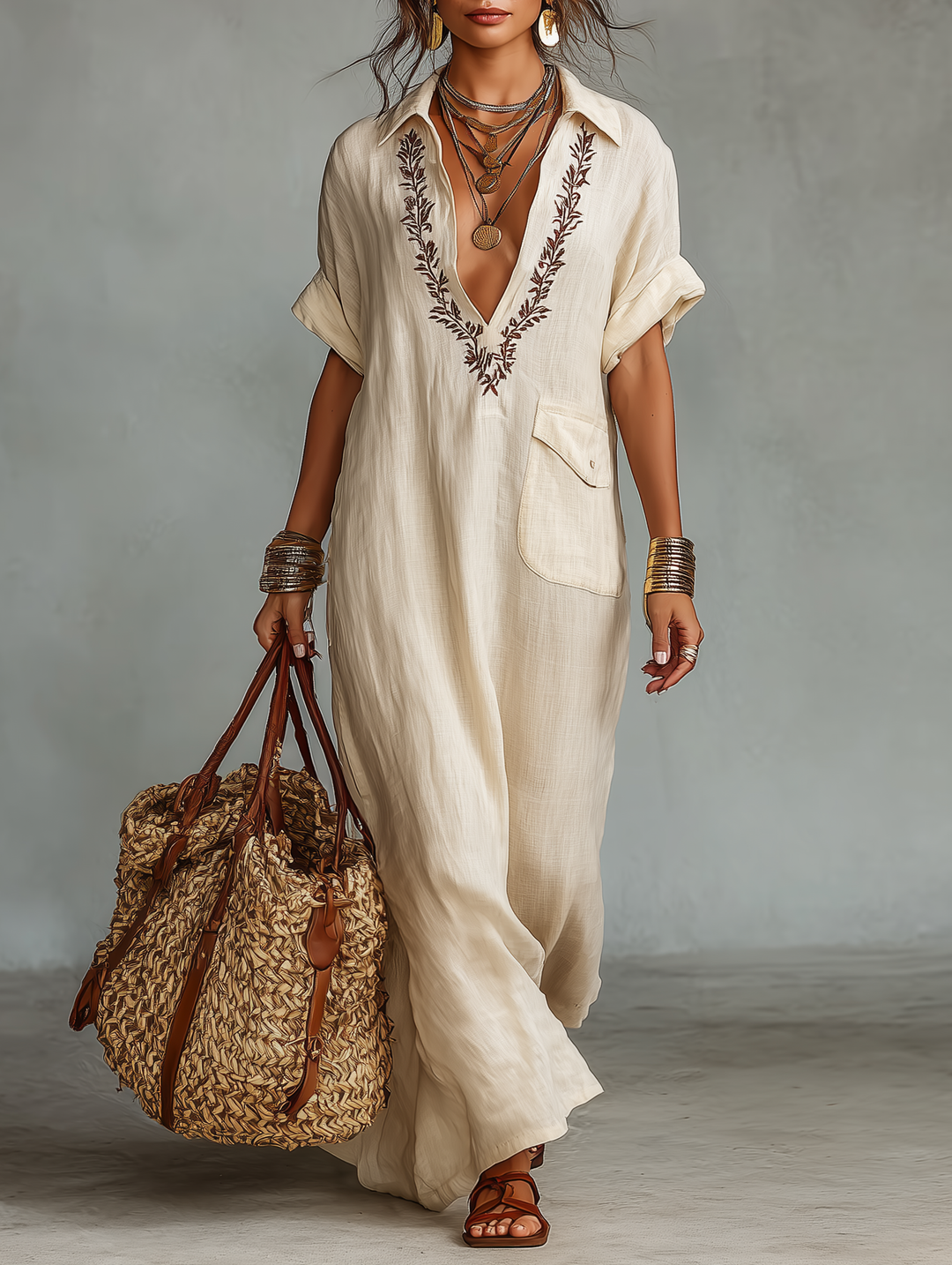 Vestido Maxi Camisero de Lino con Bordado y Manga Corta