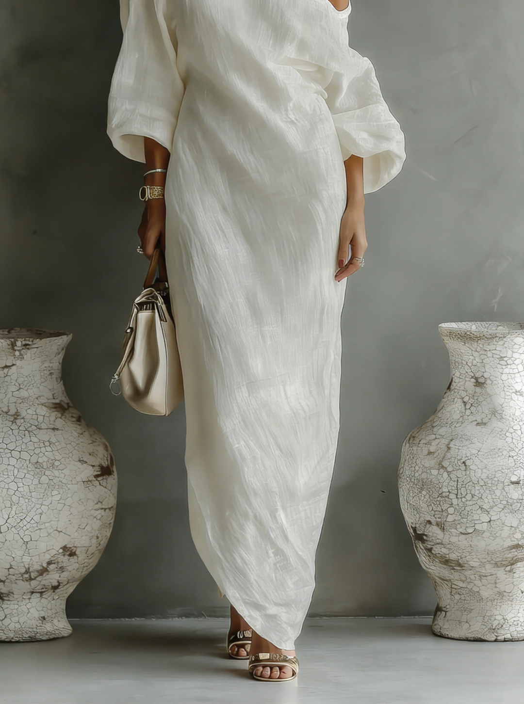 Vestido Maxi de Lino y Algodón con Hombro Descubierto en Blanco Marfil