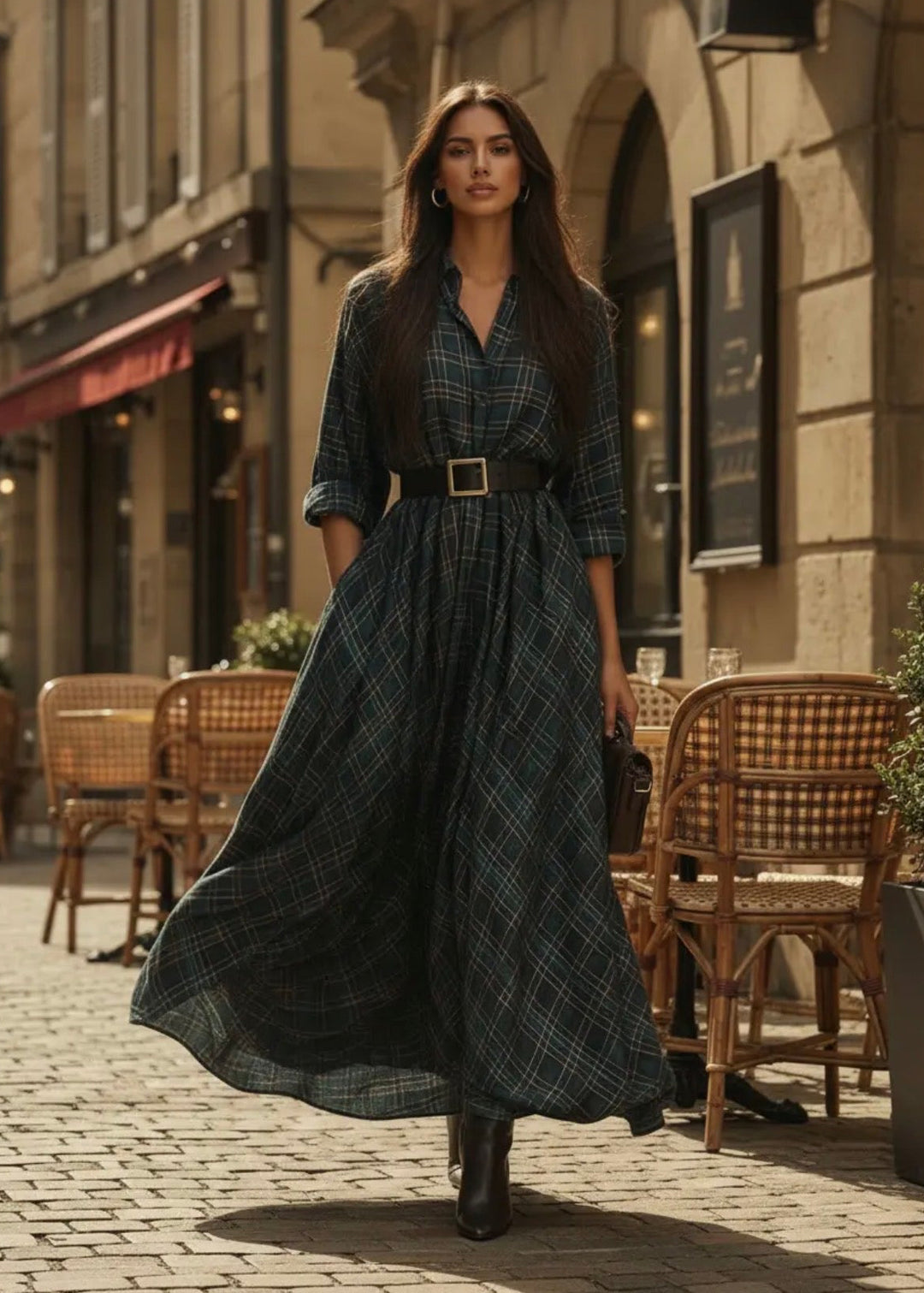 Vestido largo mujer cuadros retro – estilo elegante casual