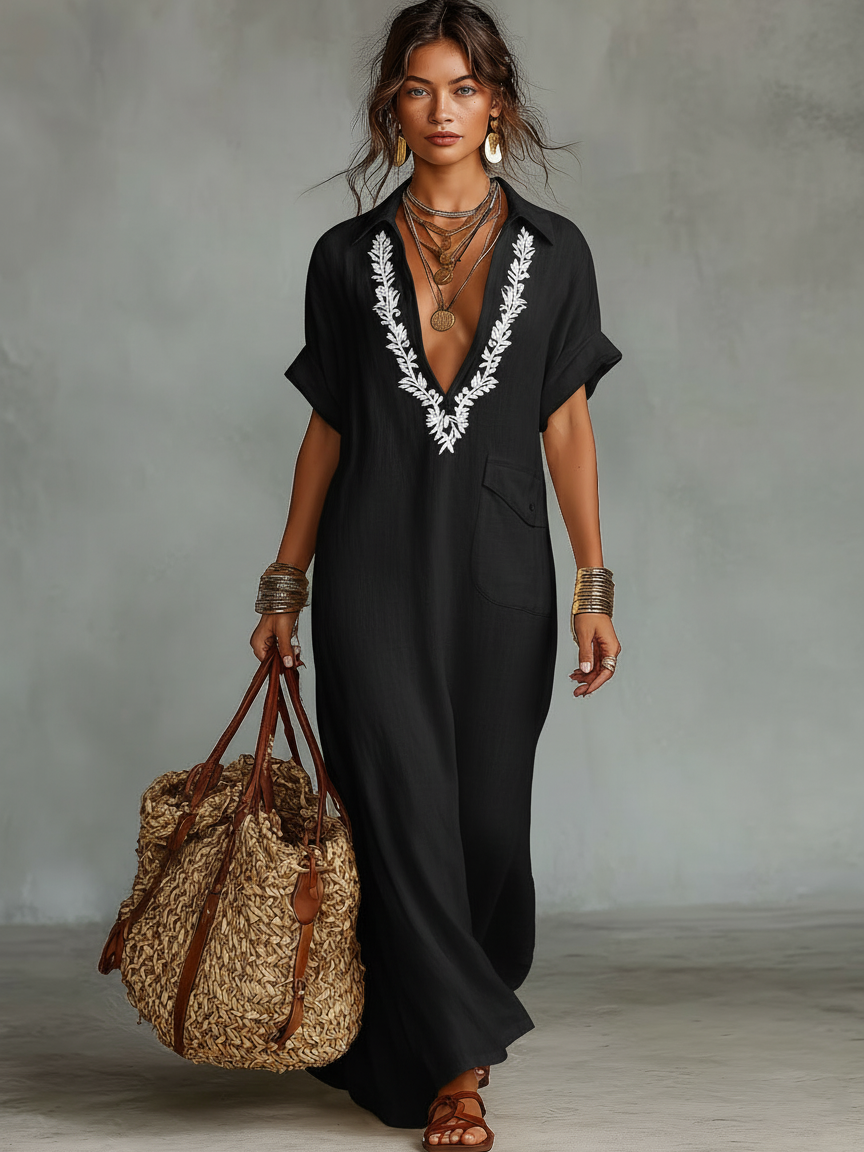 Vestido Maxi Camisero de Lino con Bordado y Manga Corta
