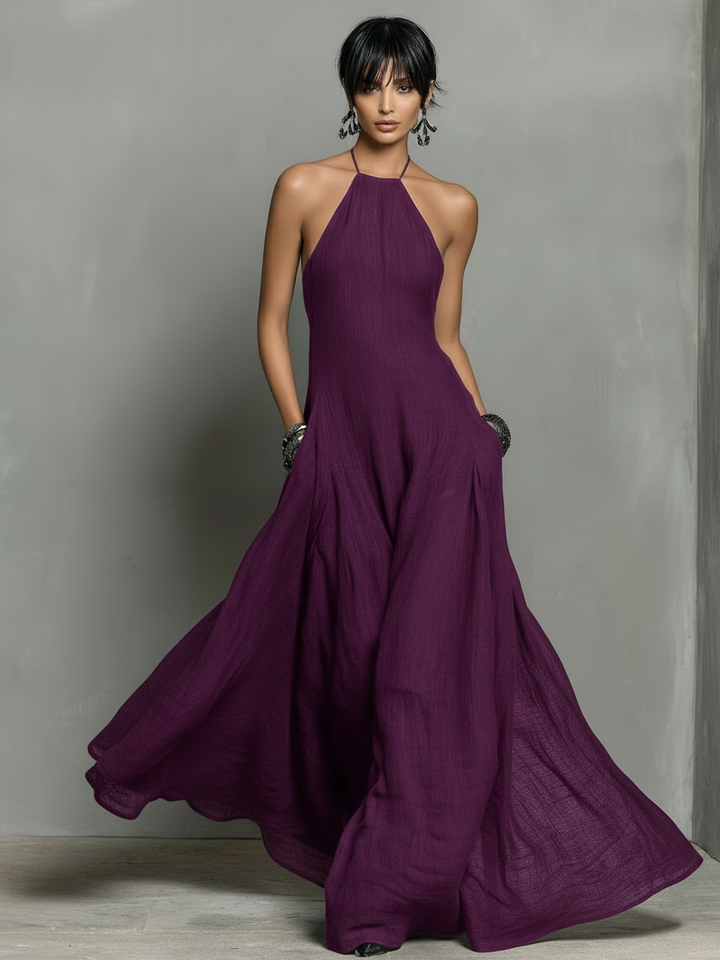 Vestido Maxi Minimalista de Lino con Cuello Halter