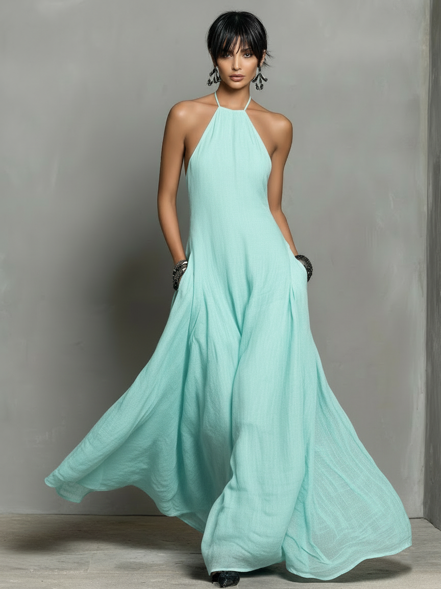 Vestido Maxi Minimalista de Lino con Cuello Halter
