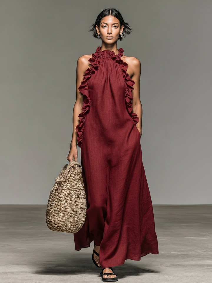 Vestido Maxi de Lino sin Mangas con Volantes