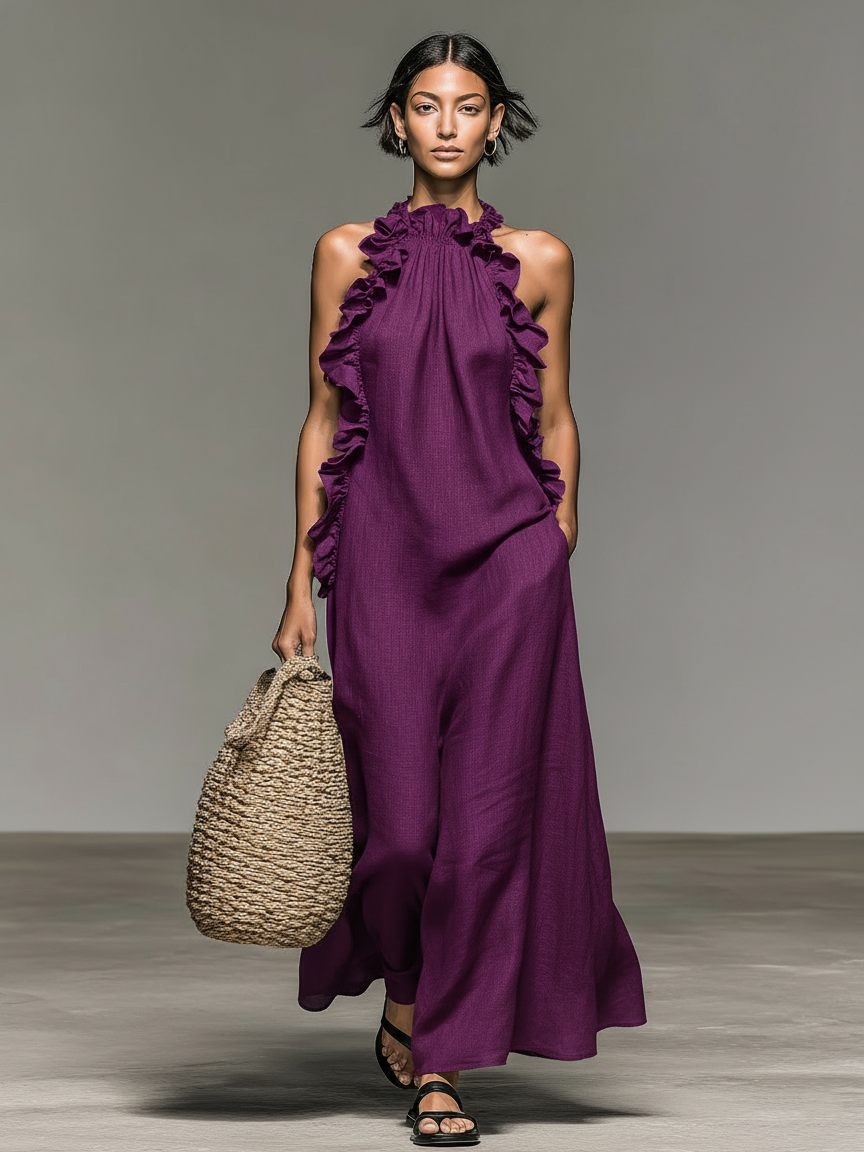 Vestido Maxi de Lino sin Mangas con Volantes