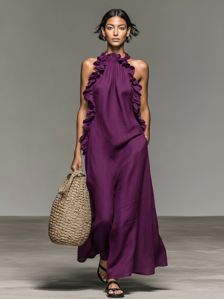 Vestido Maxi de Lino sin Mangas con Volantes