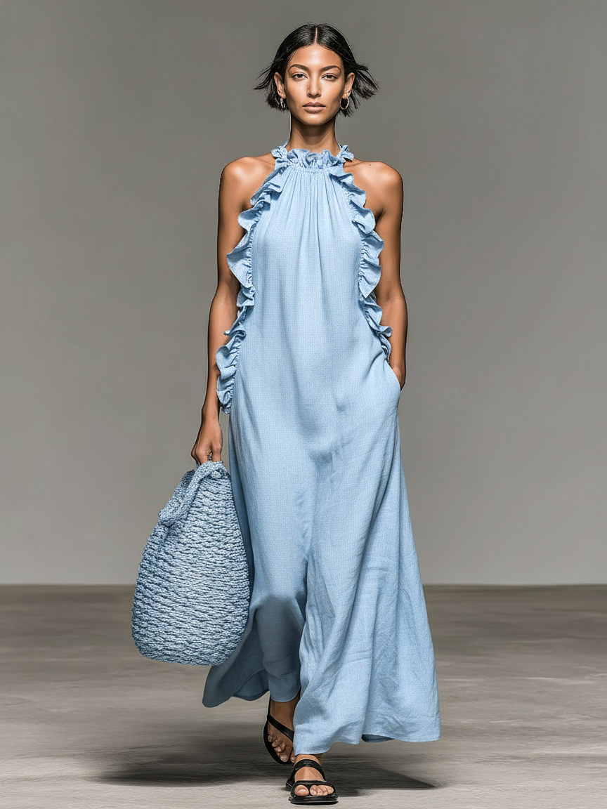 Vestido Maxi de Lino sin Mangas con Volantes