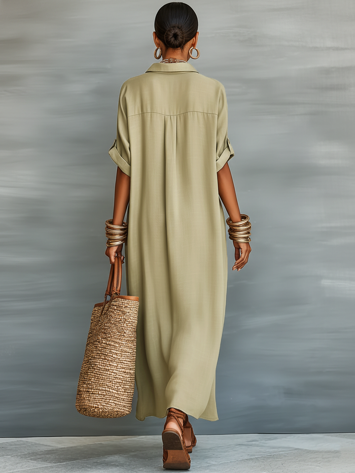 Vestido Maxi Camisero de Lino con Manga Corta