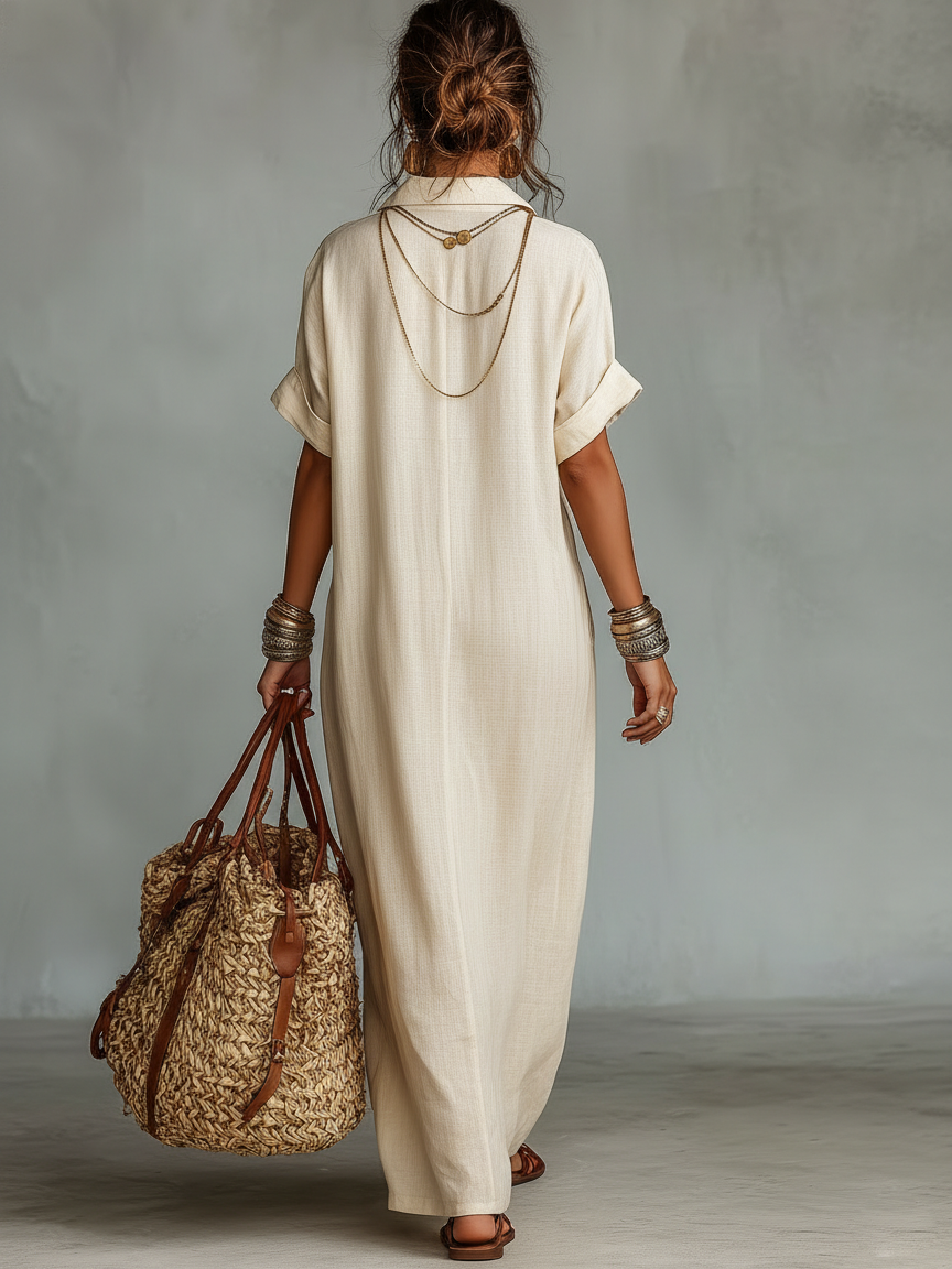 Vestido Maxi Camisero de Lino con Bordado y Manga Corta