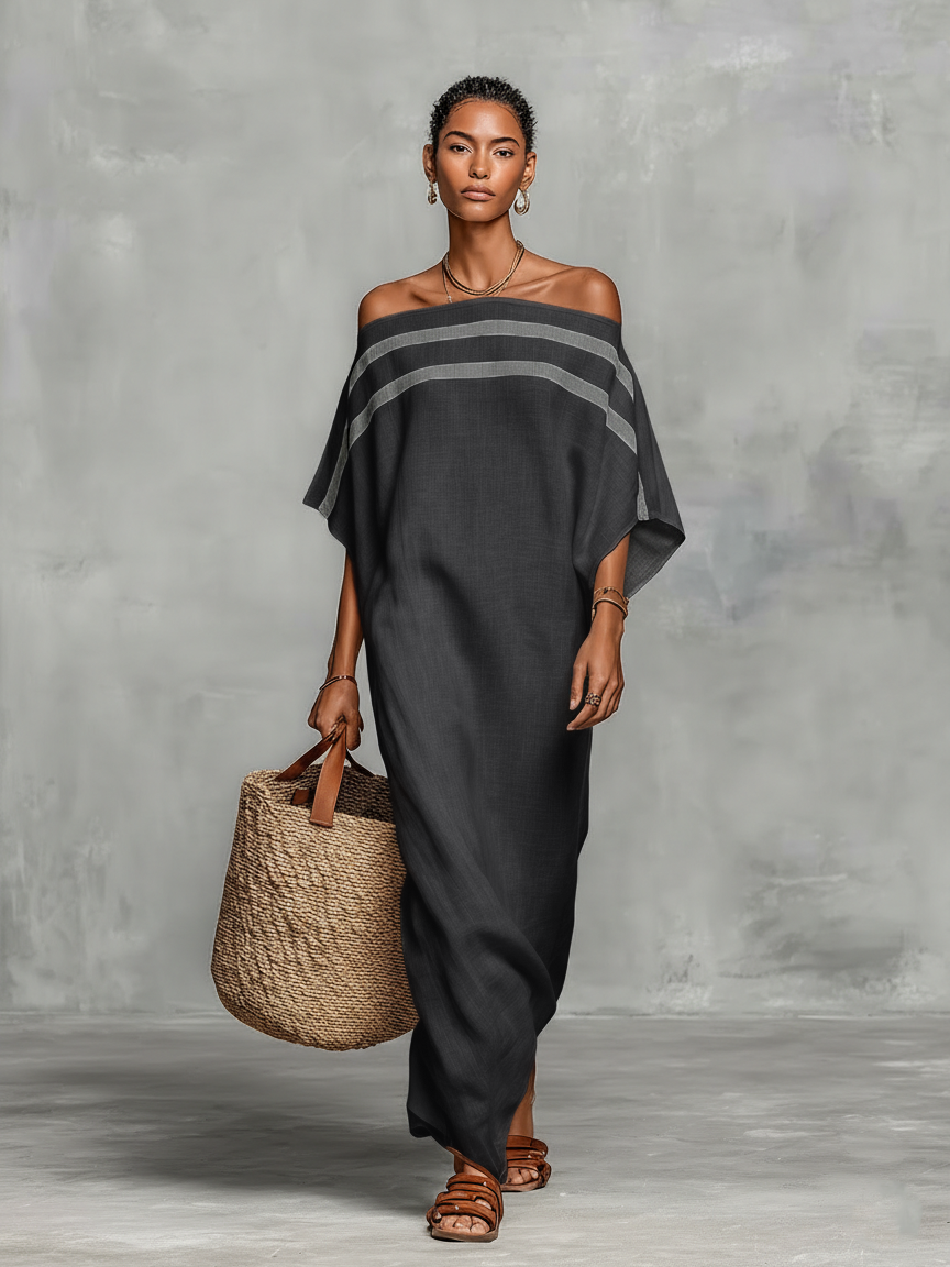Vestido Maxi de Lino con Hombros Descubiertos y Mangas Murciélago Minimalista