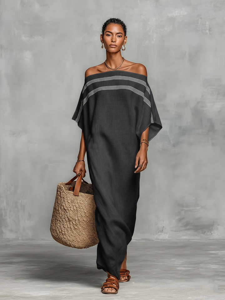 Vestido Maxi de Lino con Hombros Descubiertos y Mangas Murciélago Minimalista
