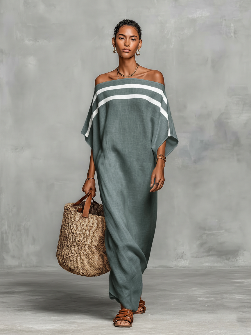 Vestido Maxi de Lino con Hombros Descubiertos y Mangas Murciélago Minimalista
