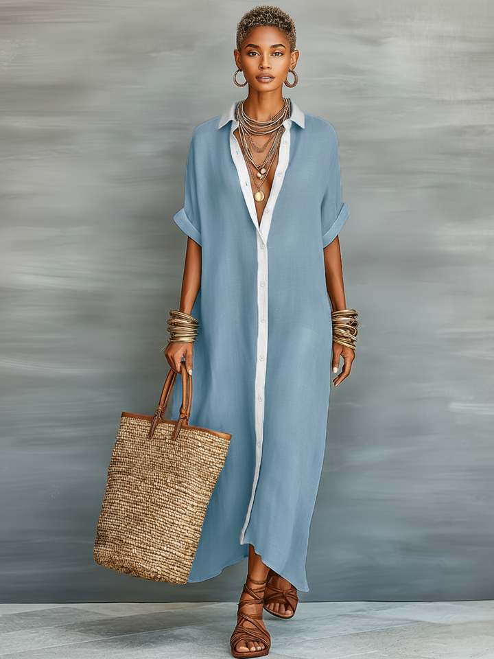 Vestido Maxi Camisero de Lino con Manga Corta