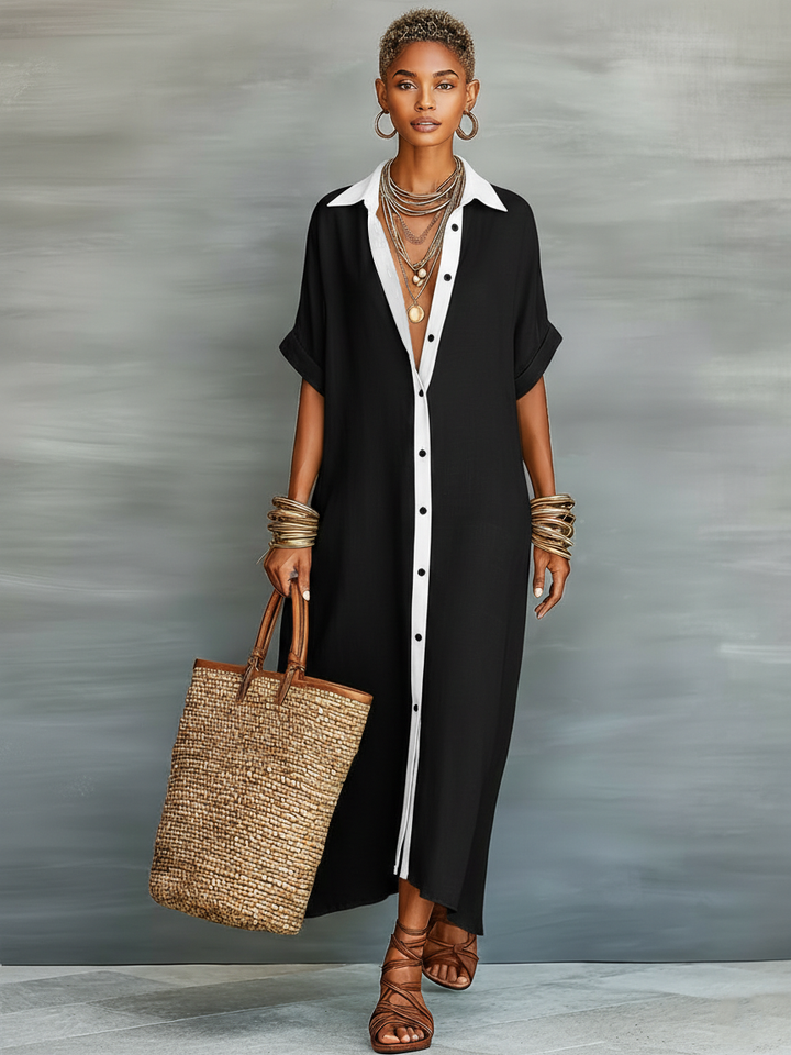 Vestido Maxi Camisero de Lino con Manga Corta