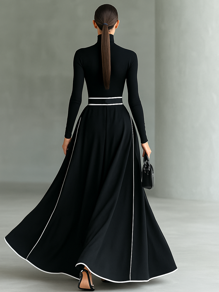 Vestido Maxi Negro con Cuello Alto, Manga Larga y Cinturón Ajustado