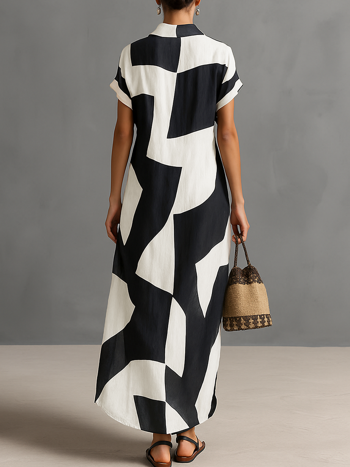Vestido Maxi Camisero de Lino y Algodón con Estampado Geométrico