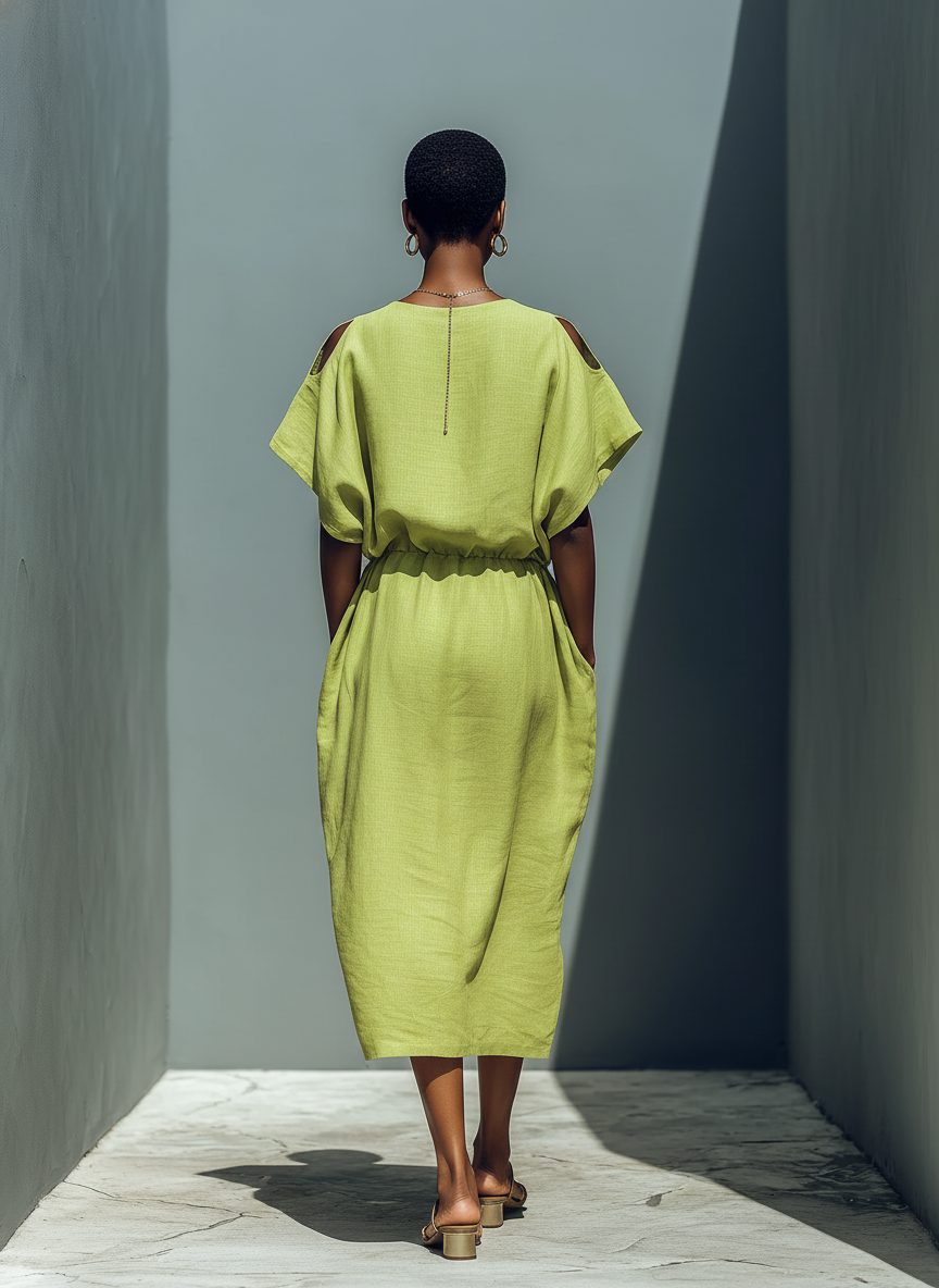 Vestido Midi de Lino Verde Lima con Hombros Descubiertos