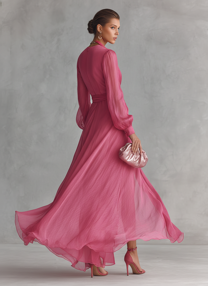 Vestido Maxi de Gasa con Escote en V y Perlas en Rosa