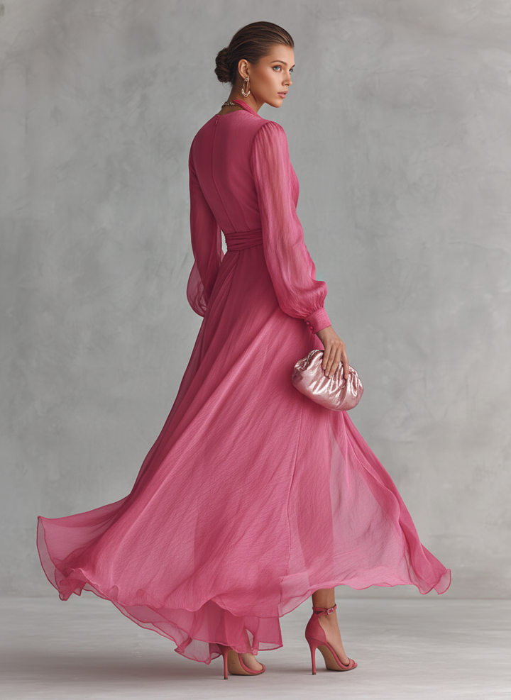 Vestido Maxi de Gasa con Escote en V y Perlas en Rosa
