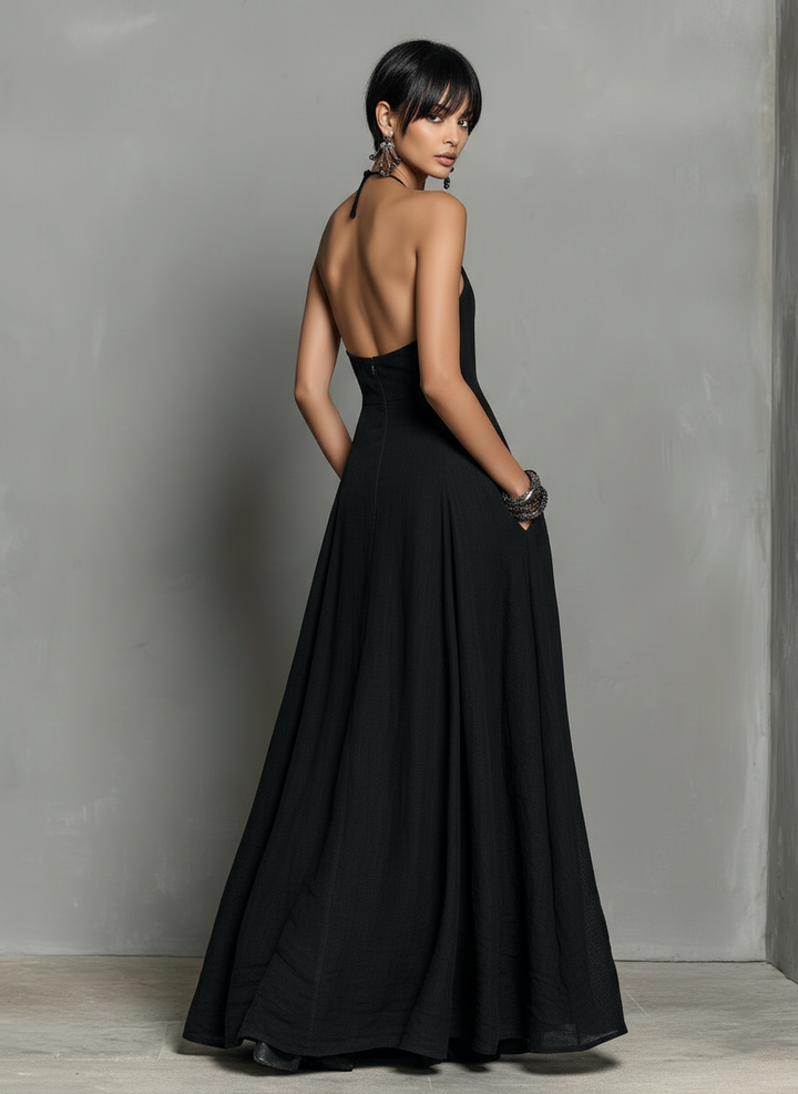 Vestido Maxi Minimalista de Lino con Cuello Halter
