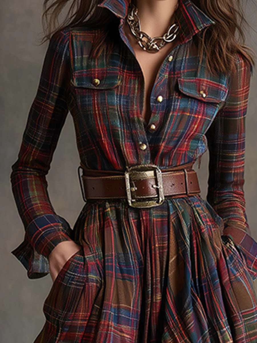 Vestido Maxi de Cuadros Marrón Rojizo con Solapa Estilo Retro