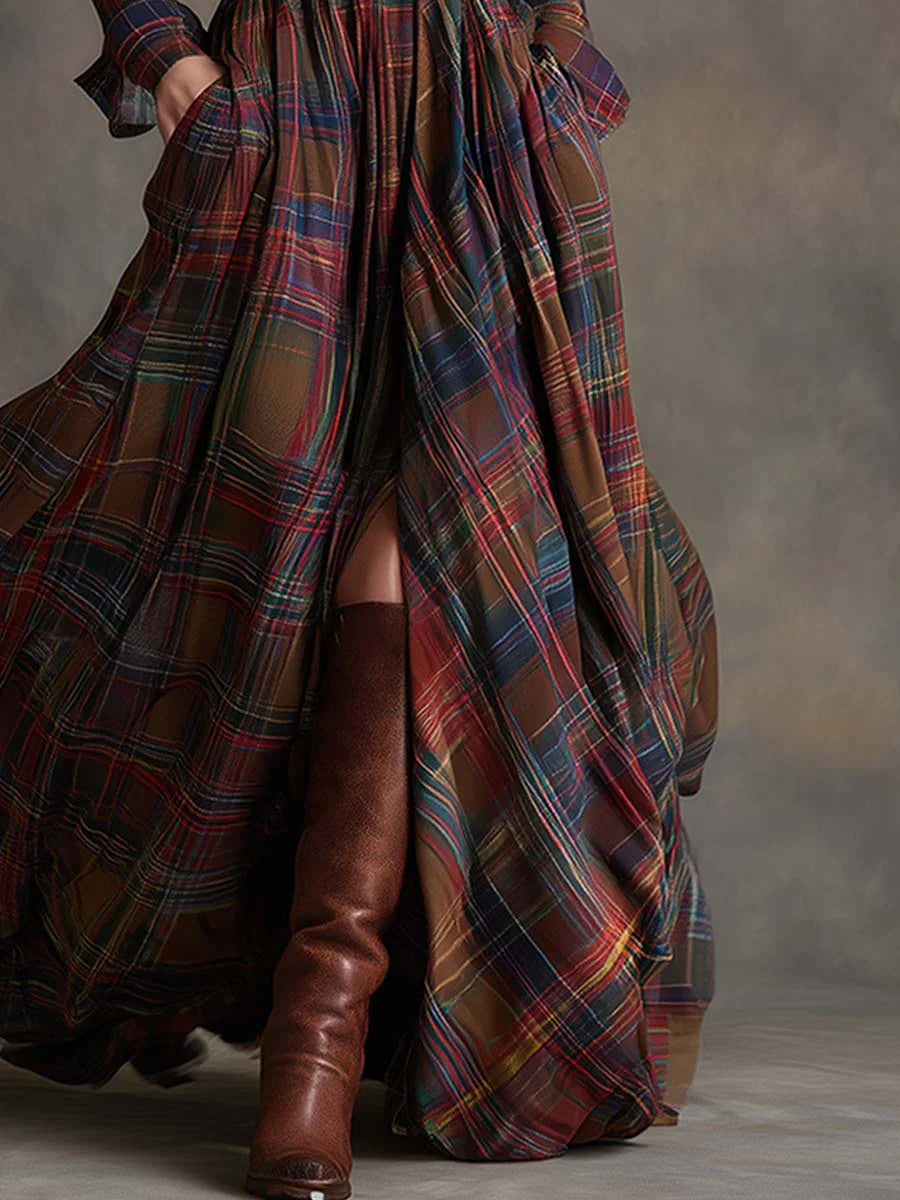 Vestido Maxi de Cuadros Marrón Rojizo con Solapa Estilo Retro