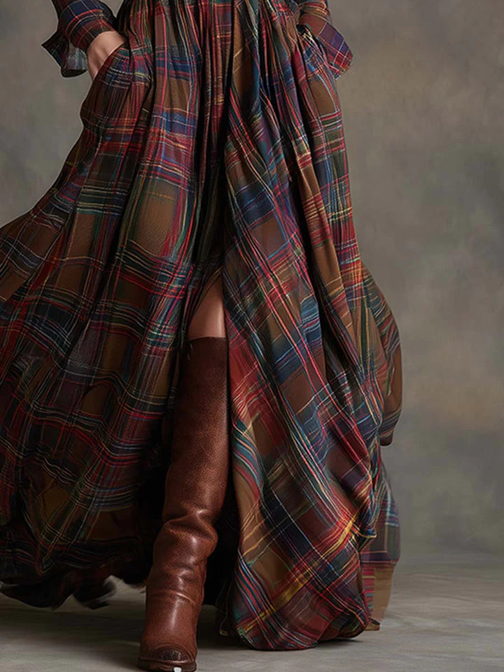 Vestido Maxi de Cuadros Marrón Rojizo con Solapa Estilo Retro