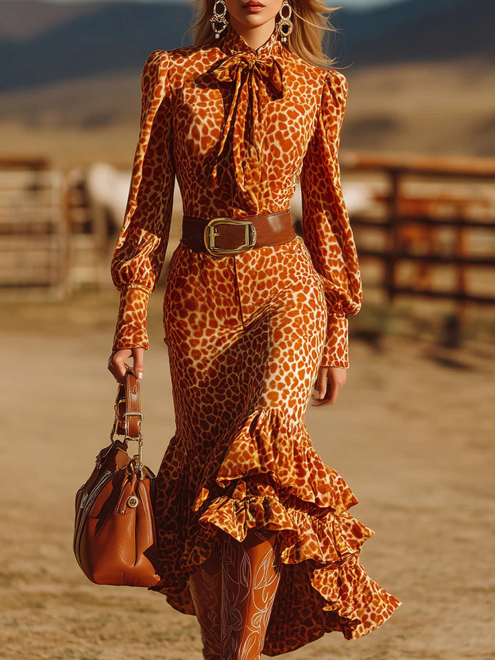 Vestido Maxi de Terciopelo Naranja con Leopardo y Volantes Retro