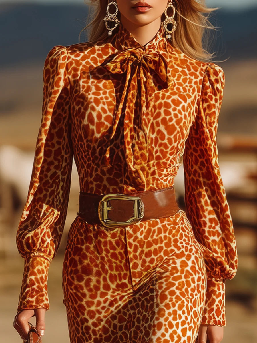 Vestido Maxi de Terciopelo Naranja con Leopardo y Volantes Retro
