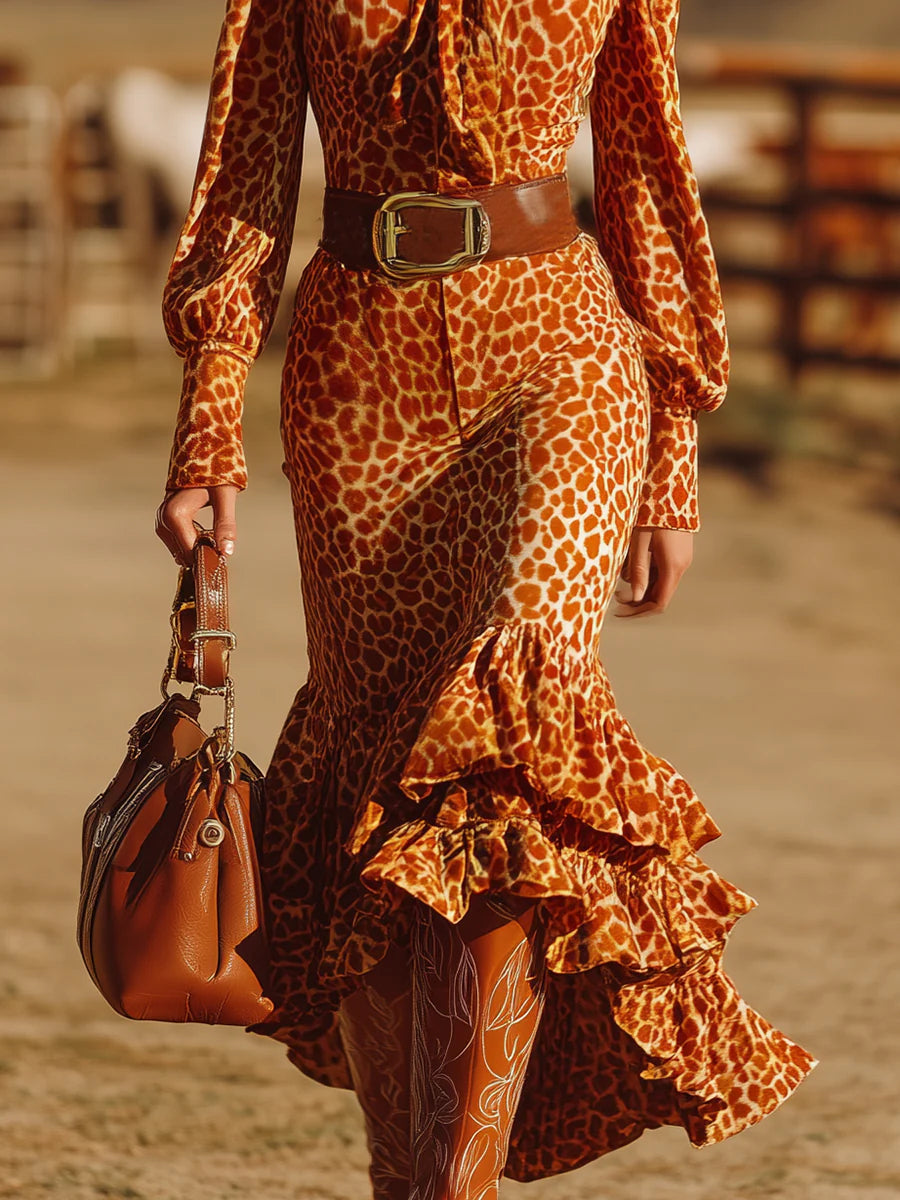 Vestido Maxi de Terciopelo Naranja con Leopardo y Volantes Retro