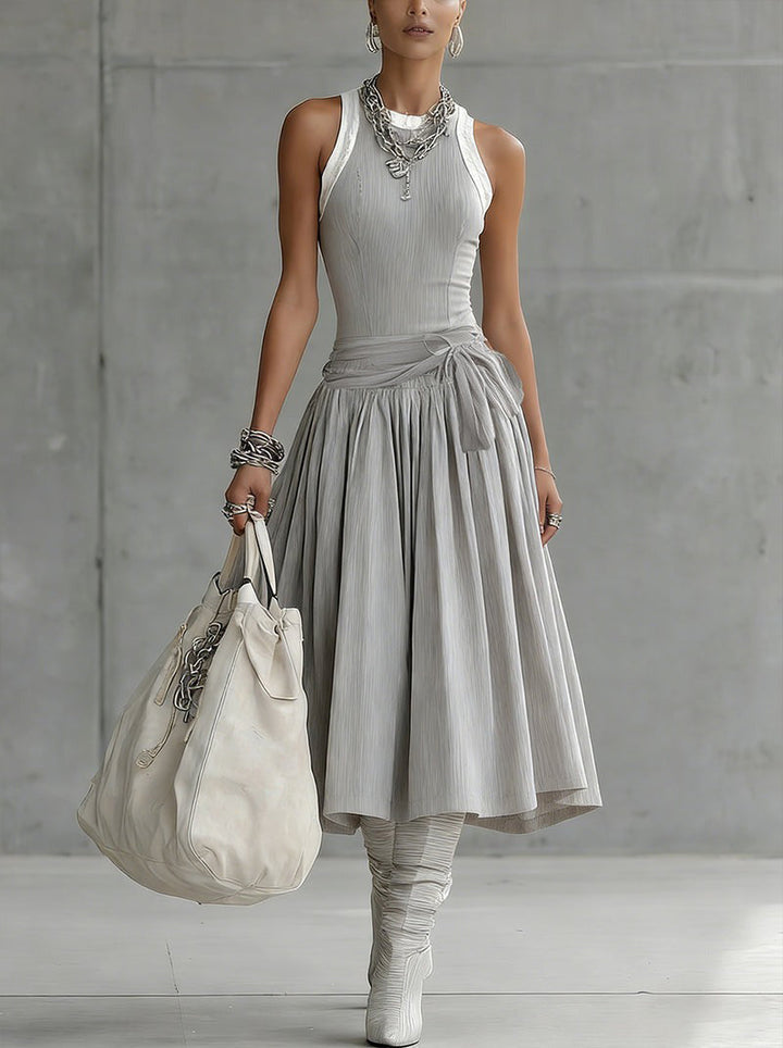 Vestido Midi Gris de Punto Acanalado con Drapeado
