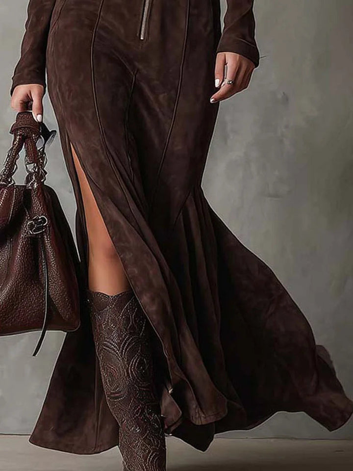 Vestido Maxi Marrón Vintage con Cremallera y Cinturón
