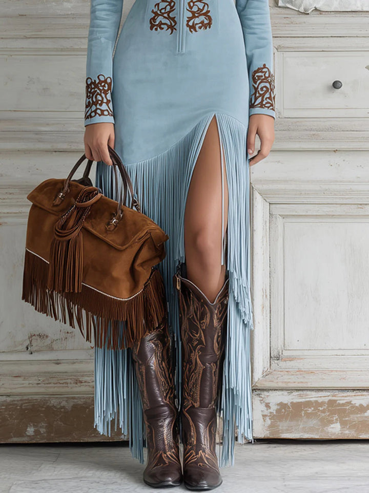 Vestido Maxi de Ante Sintético con Bordado y Flecos Estilo Western