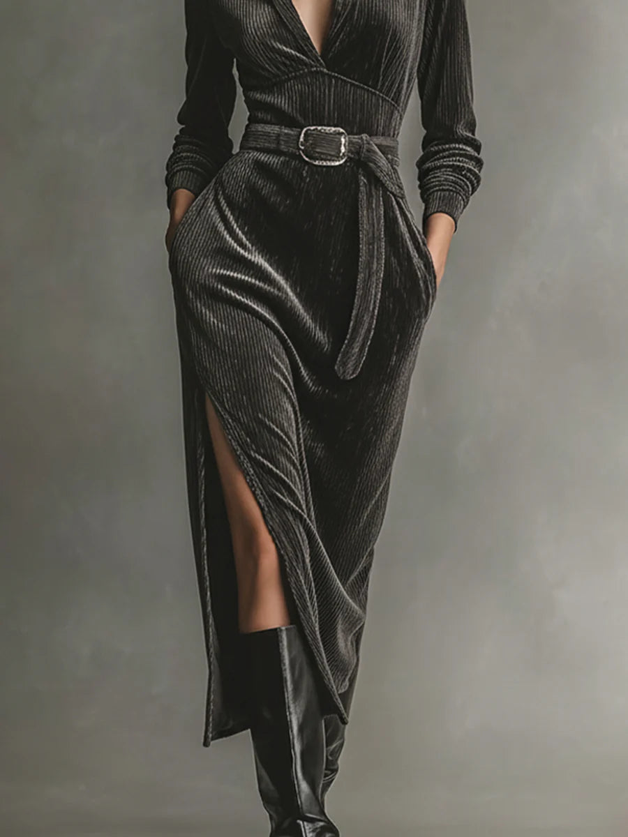 Vestido de Pana Elegante con Cuello, Cinturón y Aberturas Laterales