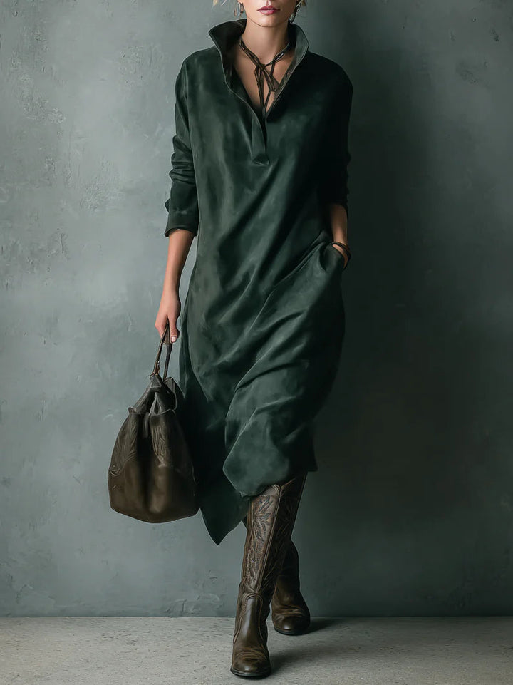 Vestido Midi Verde de Ante con Solapa y Manga Larga Holgado