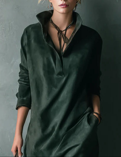 Vestido Midi Verde de Ante con Solapa y Manga Larga Holgado
