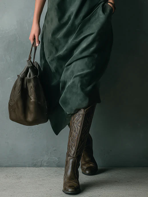 Vestido Midi Verde de Ante con Solapa y Manga Larga Holgado