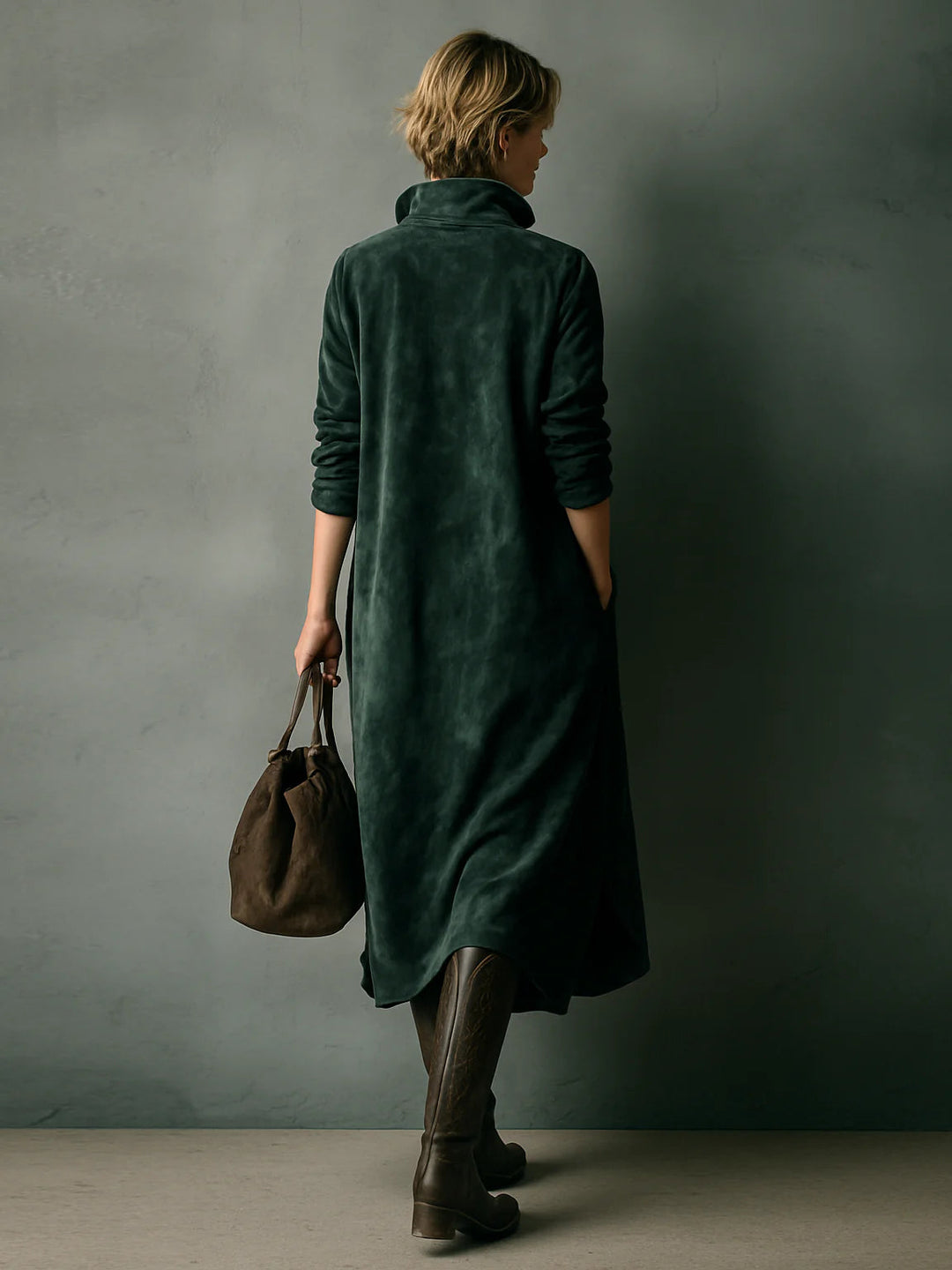 Vestido Midi Verde de Ante con Solapa y Manga Larga Holgado