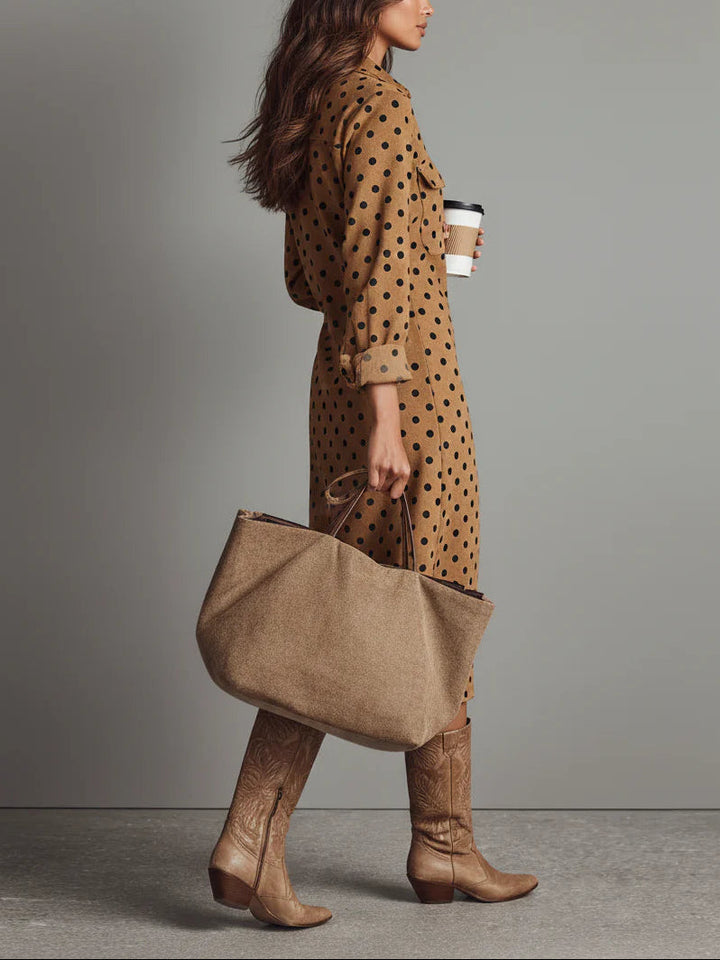 Vestido Midi Camisero de Ante Sintético con Estampado de Lunares