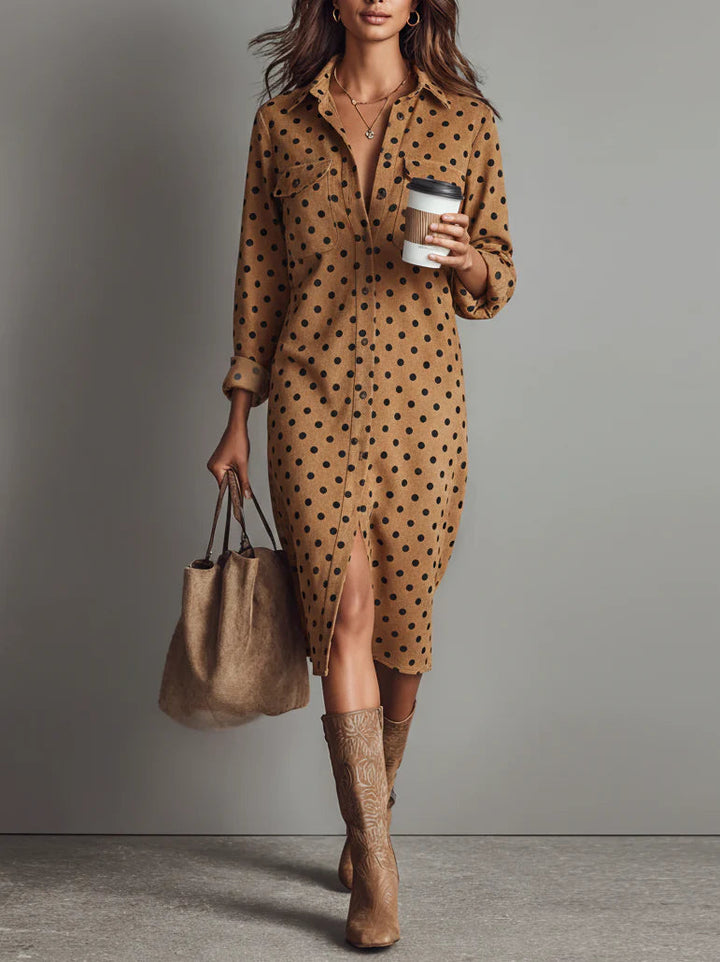 Vestido Midi Camisero de Ante Sintético con Estampado de Lunares