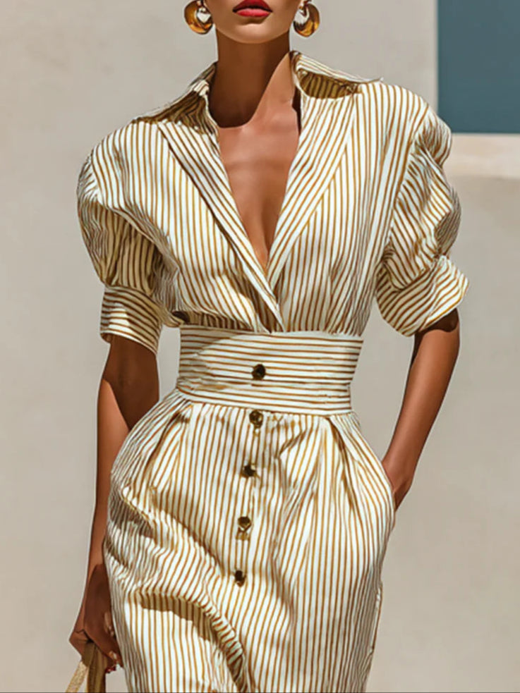 Vestido Midi Camisero de Rayas con Solapa y Manga Corta