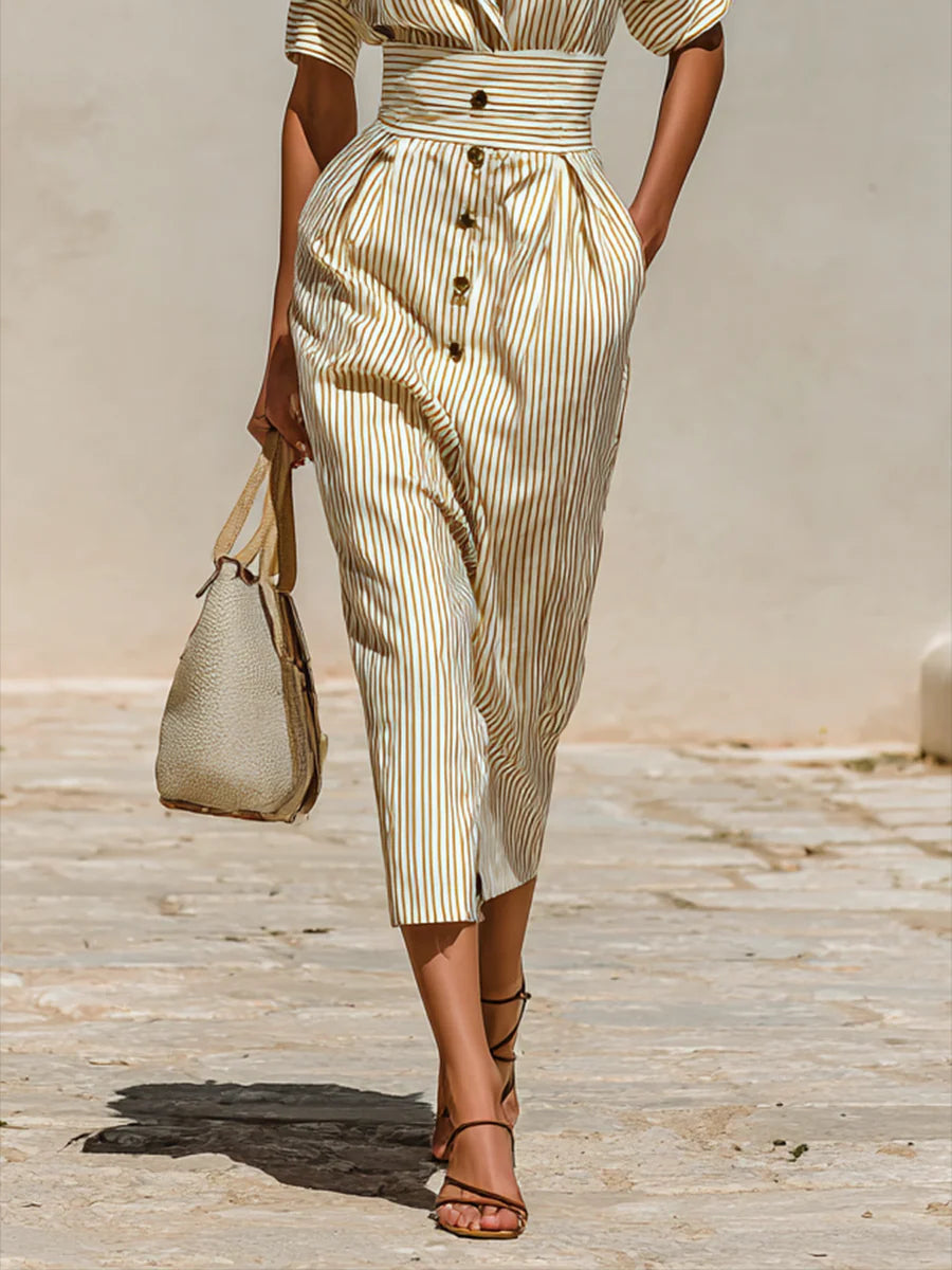 Vestido Midi Camisero de Rayas con Solapa y Manga Corta