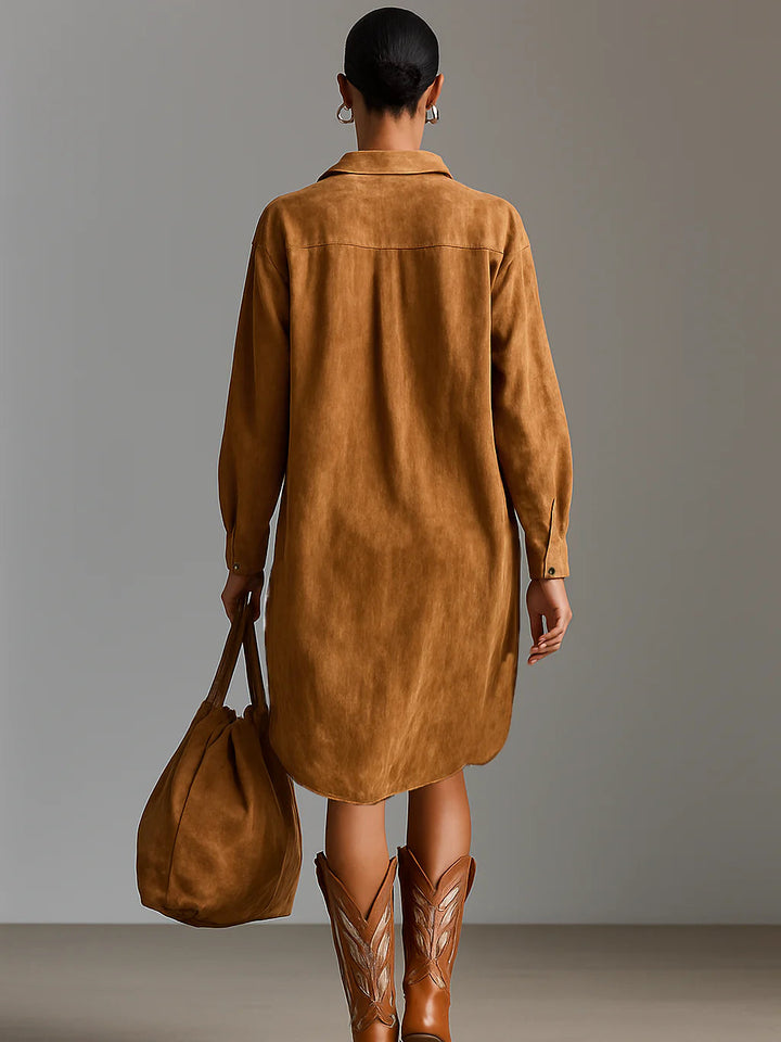Vestido Midi Holgado con Solapa, Escote en V y Estampado de Manga Larga