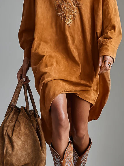 Vestido Midi Holgado con Solapa, Escote en V y Estampado de Manga Larga