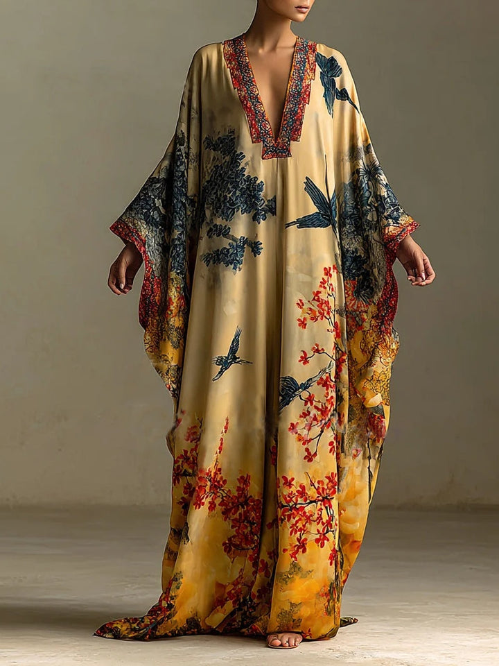 Vestido Kimono Largo con Estampado de Hojas de Arce y Pájaros