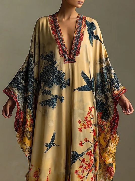 Vestido Kimono Largo con Estampado de Hojas de Arce y Pájaros