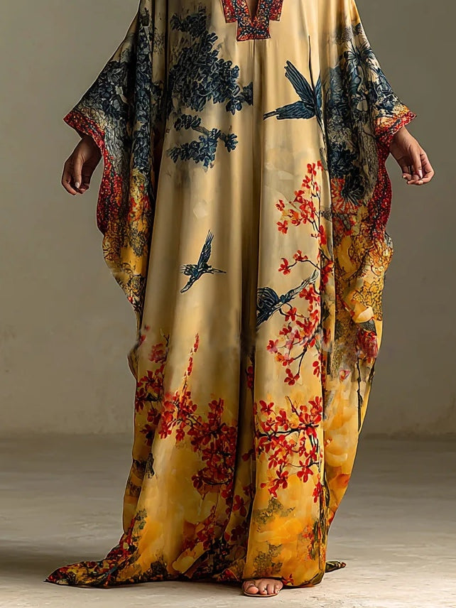 Vestido Kimono Largo con Estampado de Hojas de Arce y Pájaros