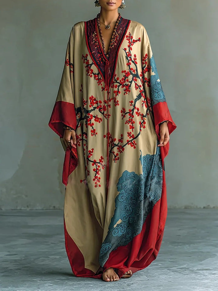 Vestido Maxi Kimono con Estampado de Flor de Ciruelo Japonesa y Mangas Murciélago