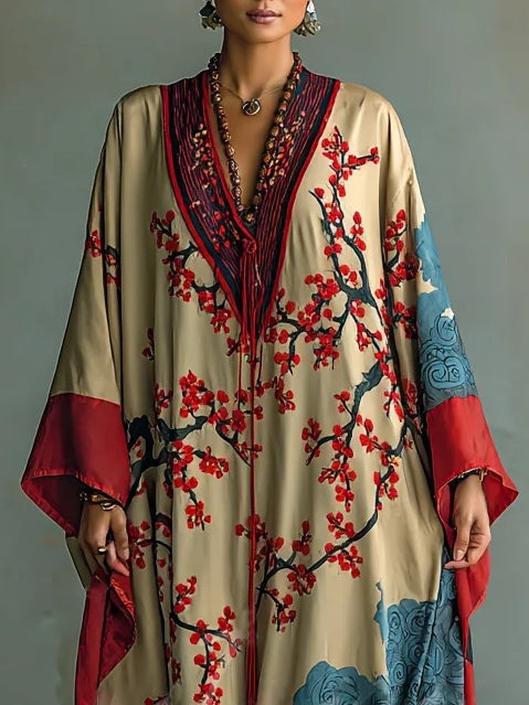 Vestido Maxi Kimono con Estampado de Flor de Ciruelo Japonesa y Mangas Murciélago